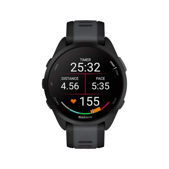 Garmin Forerunner 165 GPS Running Smartwatch in black with AMOLED touchscreen, advanced training features, and 11-day battery life. Available now at TaMiMi Projects