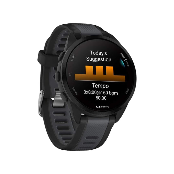 Garmin Forerunner 165 GPS Running Smartwatch in black with AMOLED touchscreen, advanced training features, and 11-day battery life. Available now at TaMiMi Projects