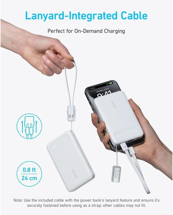 10,000mAh power bank with 22.5W fast charging, lanyard design, compact size, charges iPhone 15 and Galaxy S23, available at TaMiMi Projects Qatar.