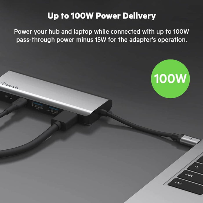 Belkin adapter for laptops and iPad Pro from TaMiMi Projects in Qatar, featuring 7 ports: 4K HDMI, USB-C PD, USB-A, SD card reader.