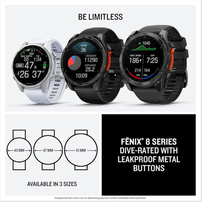 Garmin fēnix 8 Premium GPS Smartwatch 51mm Slate Gray, AMOLED screen, LED flashlight, 29-day battery at TaMiMi Projects Qatar.