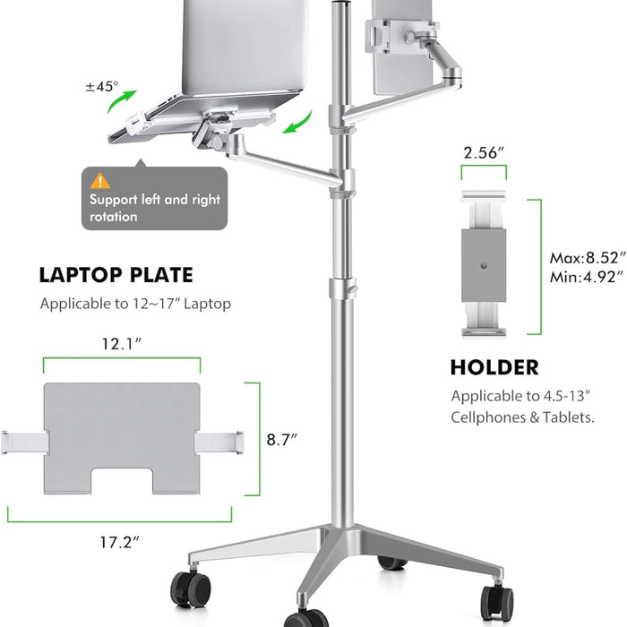 Mobile iPad and laptop stand in silver, equipped with dual adjustable arms for holding devices.