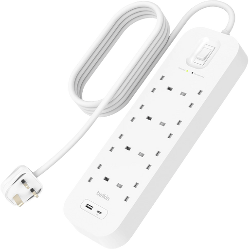 Belkin 8-Outlet Surge Protector Power Strip with 8 AC outlets, USB-C PD and USB-A fast charging, 2M cord, and 900 joules protection in Qatar, available at TaMiMi Projects