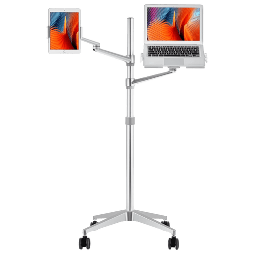 Silver adjustable iPad and laptop stand with wheels, featuring two arms holding a laptop and an iPad.