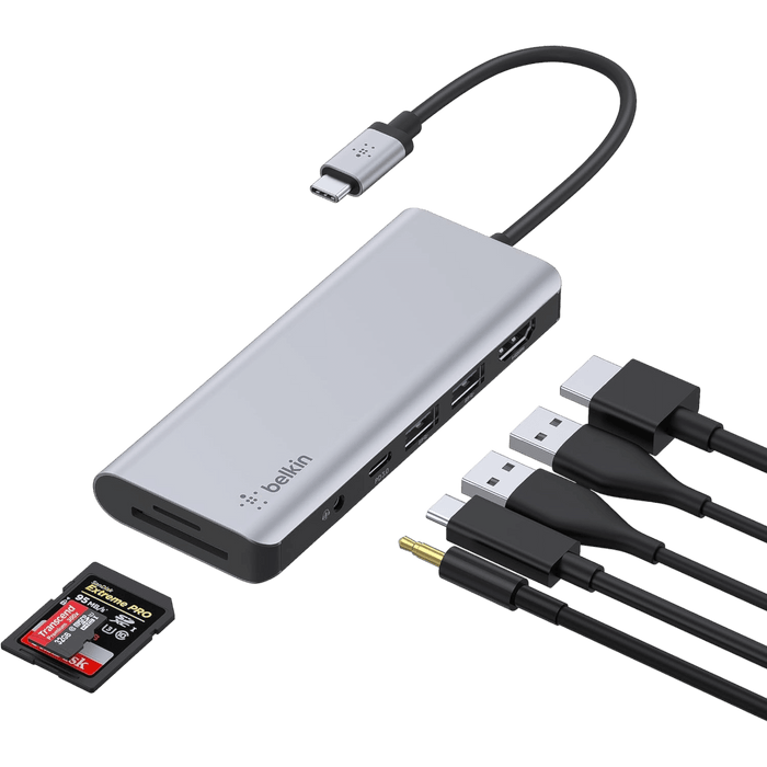 Belkin adapter for laptops and iPad Pro from TaMiMi Projects in Qatar, featuring 7 ports: 4K HDMI, USB-C PD, USB-A, SD card reader.