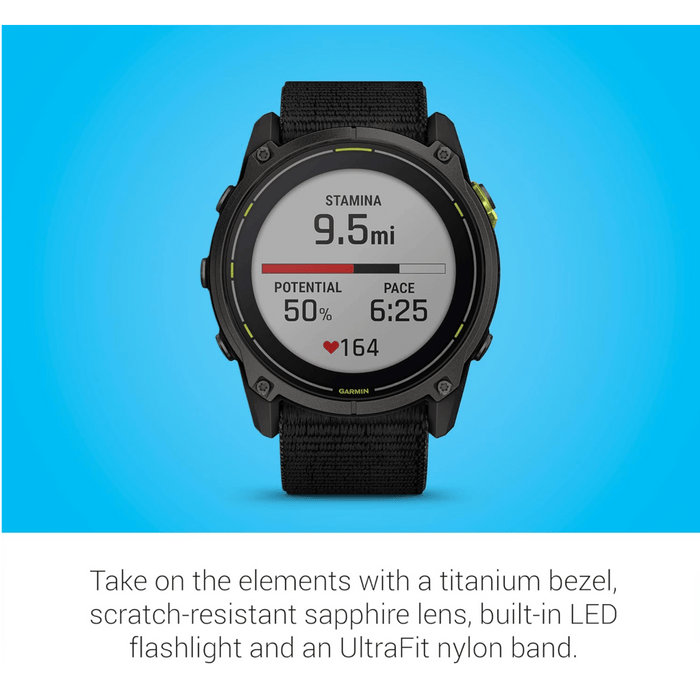 Garmin Enduro 3 – 51mm Solar GPS smartwatch, carbon gray DLC titanium, black UltraFit nylon strap, extreme battery life. TaMiMi Projects, Qatar.