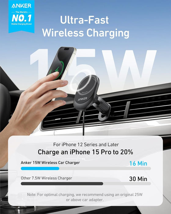 Anker MagGo Wireless Car Charger with 15W fast charging, 360° magnetic base, strong magnetic grip, and 25W USB-C adapter, available at TaMiMi Projects Qatar."