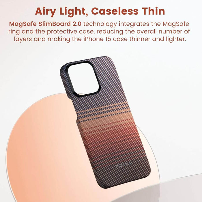 Stylish PITAKA aramid fiber case for iPhone 15 Pro - Sunset, available at TaMiMi Projects in Qatar.