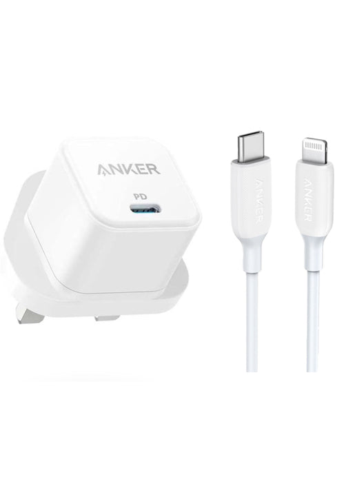 Anker 20W charger, ultra-compact size, charges iPhone to 50% in 25 minutes, includes Lightning cable, available at TaMiMi Projects in Qatar.