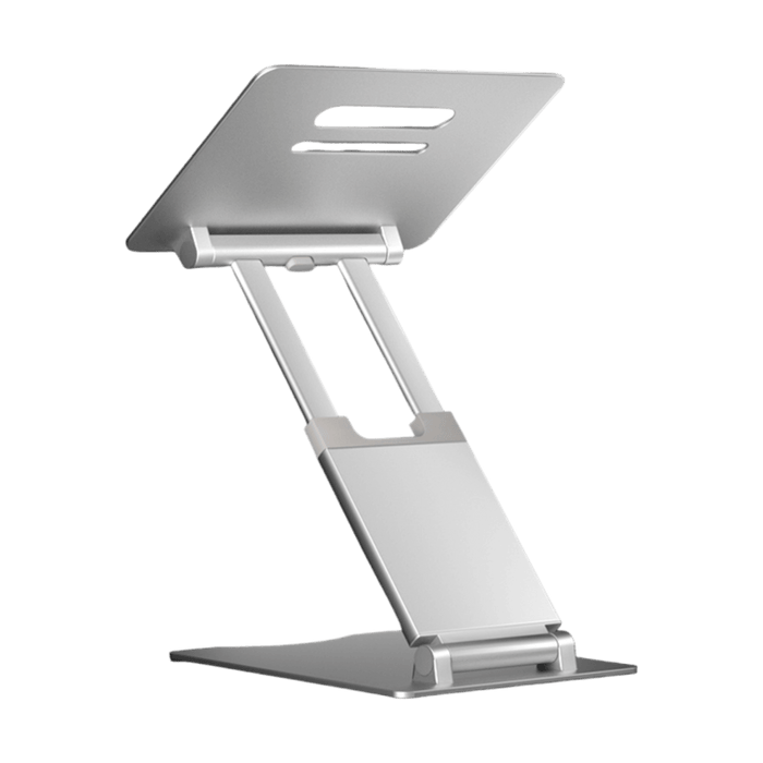 Ergonomic silver laptop stand holding a laptop, perfect for any workspace, available at TaMiMi Projects in Qatar.