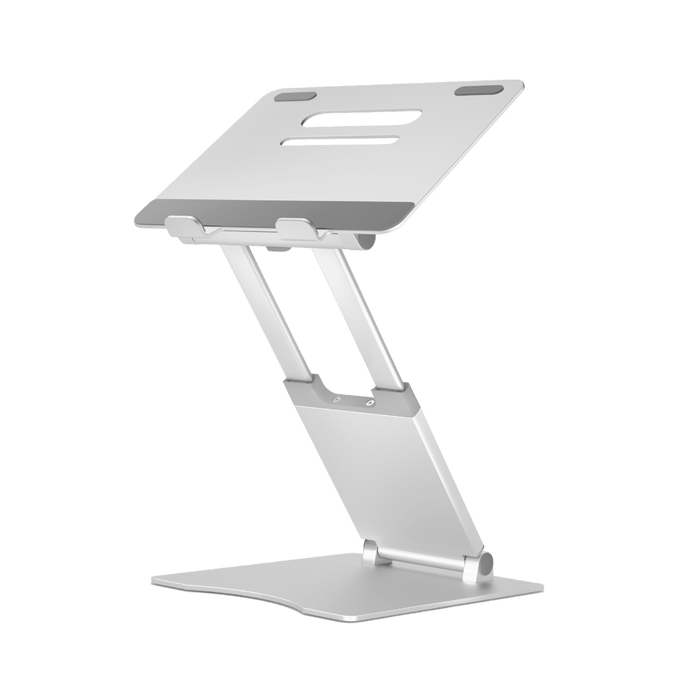 High-quality silver laptop stand with a laptop, ideal for ergonomic use, available at TaMiMi Projects in Qatar.