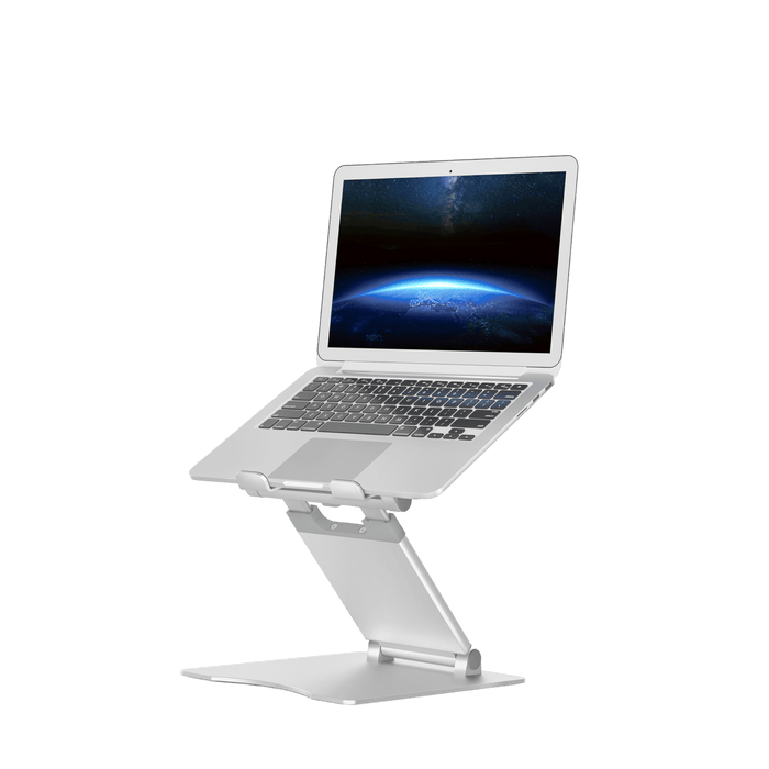 Adjustable silver laptop stand with a sleek design, featuring a foldable mechanism and ventilation slots on the base.