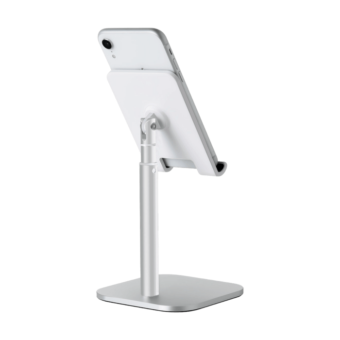 Silver tablet stand holding a smartphone, showcasing its adjustable design.