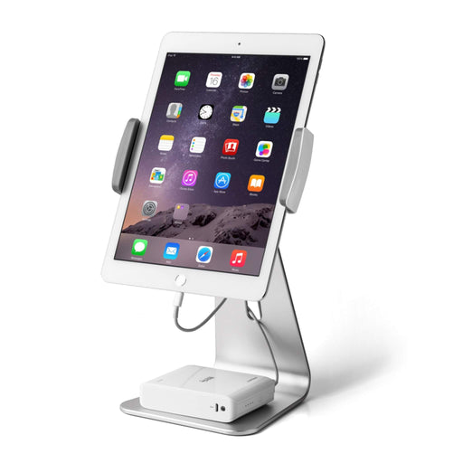 Tablet on an adjustable silver stand with rotation angles indicated, next to a keyboard.