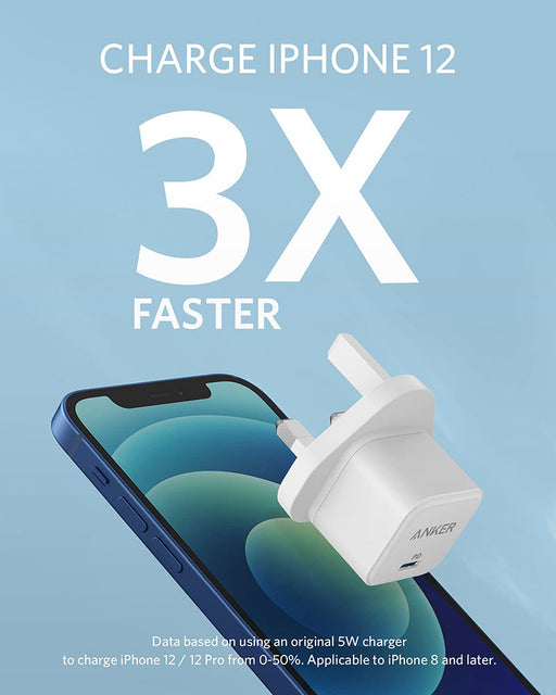 Anker 20W charger, ultra-compact size, charges iPhone to 50% in 25 minutes, includes Lightning cable, available at TaMiMi Projects in Qatar.