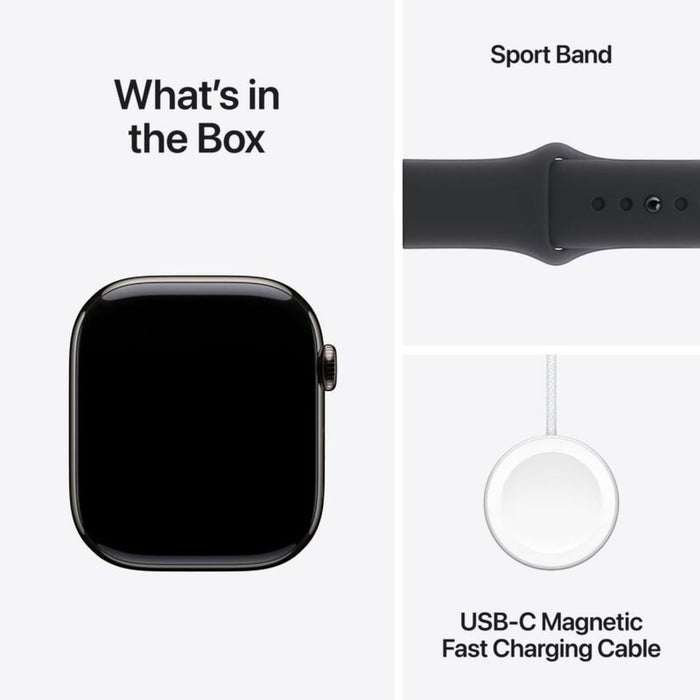 Apple Watch Series 10 GPS + Cellular, 46mm Natural Titanium Case with Black Sport Band - S/M, available at TaMiMi Projects in Qatar.