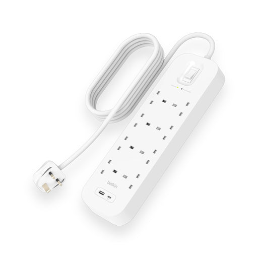 Belkin 8-Outlet Surge Protector Power Strip with 8 AC outlets, USB-C PD and USB-A fast charging, 2M cord, and 900 joules protection in Qatar, available at TaMiMi Projects