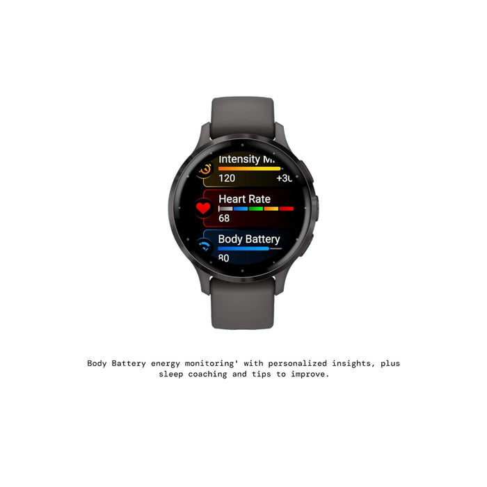 Garmin Venu 3S 41mm, slate bezel, pebble gray case, silicone band from TaMiMi Projects in Qatar. Stylish smartwatch