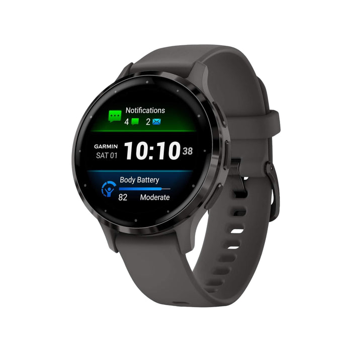 Garmin Venu 3S 41mm, slate bezel, pebble gray case, silicone band from TaMiMi Projects in Qatar. Stylish smartwatch