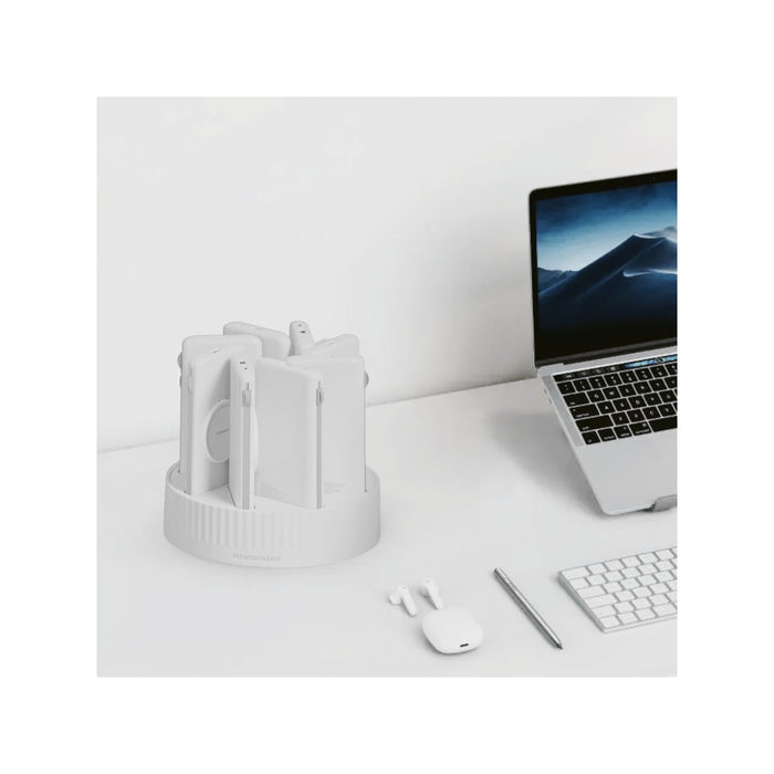 White charging station with 8 MagSafe chargers, each with a 10,000mAh capacity, perfect for multiple devices. Compact and sleek design suitable for home or office use.