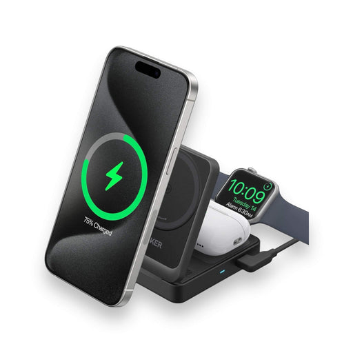 3-in-1 Charging Station, 15W, versatile wireless charger for phone, earbuds, watch, available at TaMiMi Projects in Qatar.