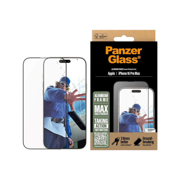 PanzerGlass® screen protector with aluminum frame offers drop protection, scratch resistance, and easy installation. in Qatar at TaMiMi Projects.