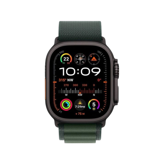 Apple Watch Ultra 2 49mm Black Titanium with Dark Green Alpine Loop (Medium), GPS + Cellular. Available at TaMiMi Projects in Qatar.