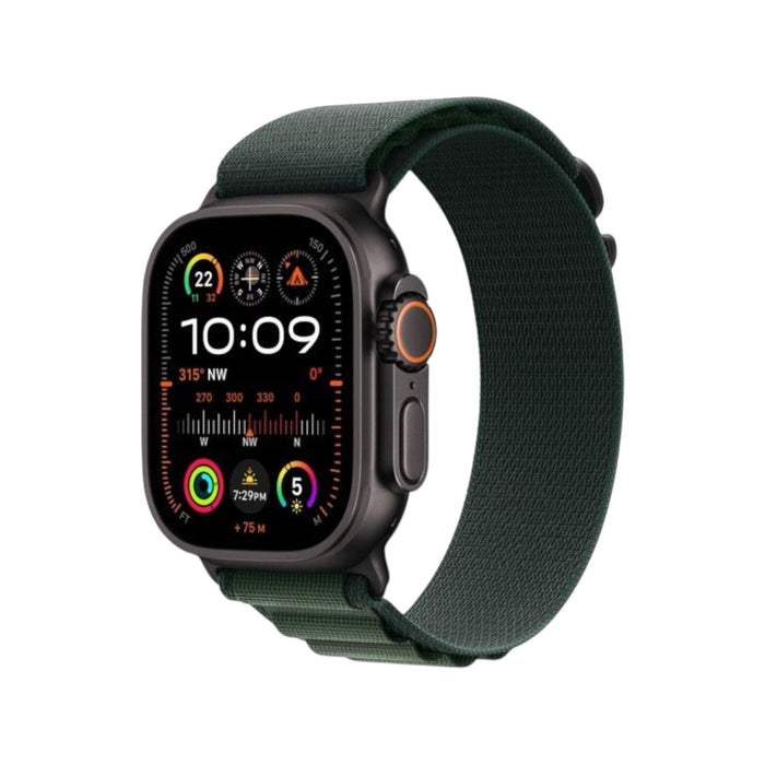 Apple Watch Ultra 2 49mm Black Titanium with Dark Green Alpine Loop (Medium), GPS + Cellular. Available at TaMiMi Projects in Qatar.