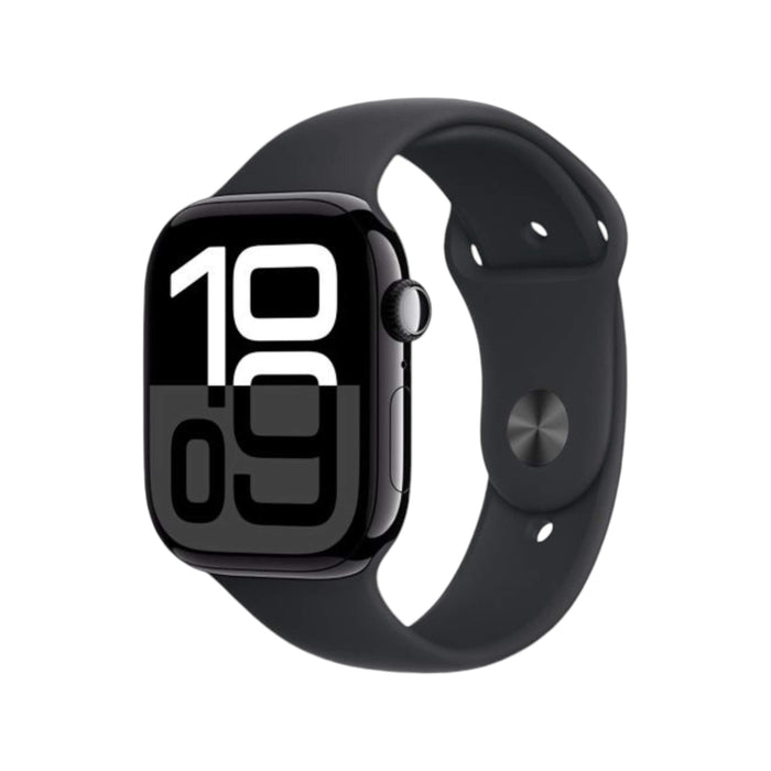 Apple Watch Series 10 GPS 42mm Jet Black Aluminium Case with Black Sport Band. Available at TaMiMi Projects in Qatar.