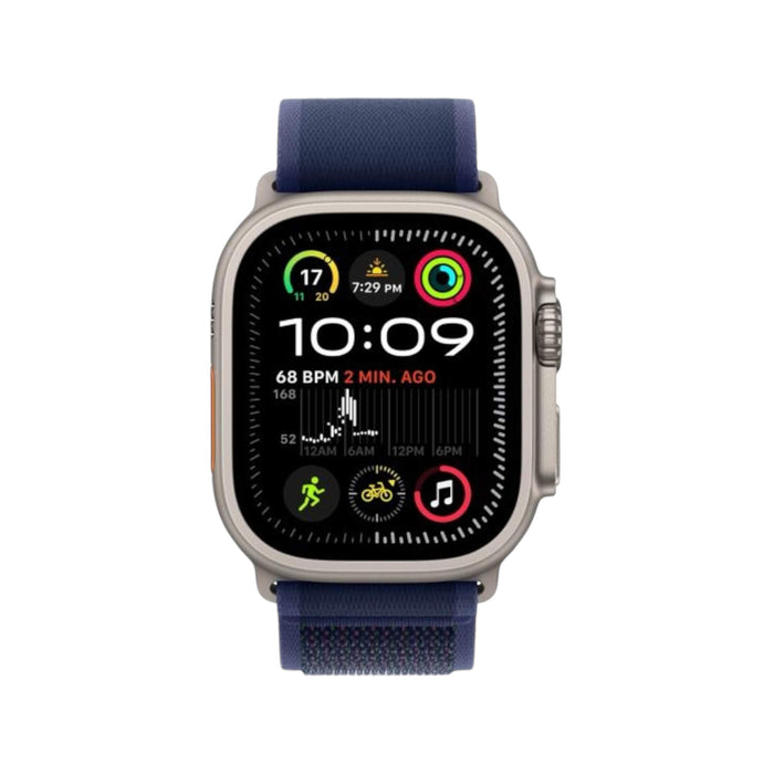 Apple Watch Ultra 2 GPS + Cellular 49mm Natural Titanium with Blue Trail Loop M/L. Available at TaMiMi Projects in Qatar.