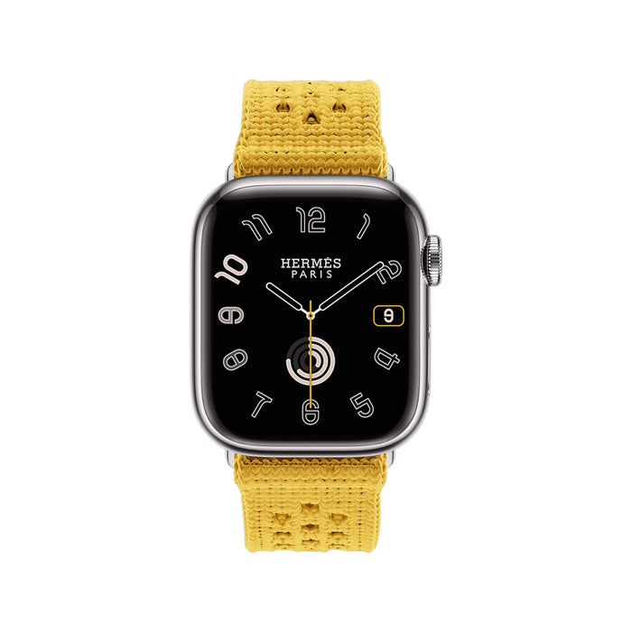 Apple Watch Hermès Band 42mm Tricot in Jaune de Naples crafted for elegance and comfort available at TaMiMi Projects in Qatar.