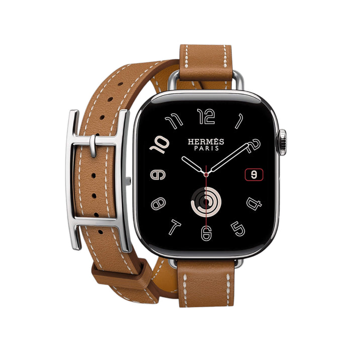 Hermès Double Tour 42mm Apple Watch Band in Tan Leather with Stainless Steel Buckle, elegant design from TaMiMi Projects, Qatar