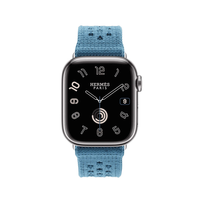 Apple Watch Hermès 42mm Tricot band in Bleu Jean, stylish and comfortable, available from TaMiMi Projects in Qatar.