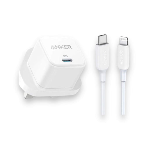 Anker 20W charger, ultra-compact size, charges iPhone to 50% in 25 minutes, includes Lightning cable, available at TaMiMi Projects in Qatar.