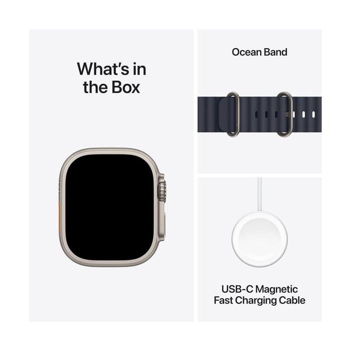 Apple Watch Ultra 2 GPS + Cellular, 49mm Natural Titanium Case with Navy Ocean Band, rugged smartwatch for fitness, at TaMiMi Projects in Qatar.