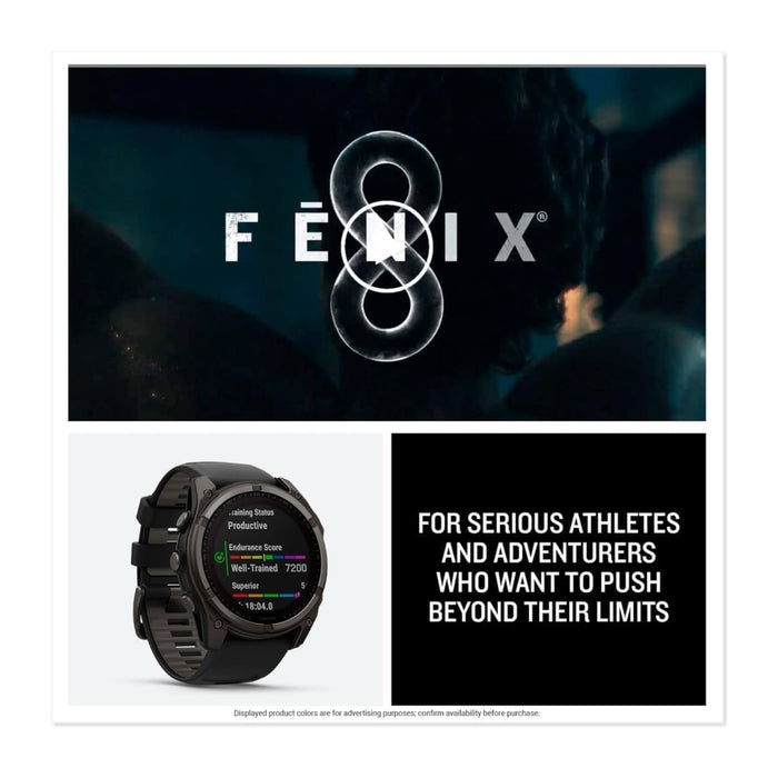 Fēnix® 8 Sapphire Solar, Carbon Gray DLC Titanium, Black Band, 47mm, advanced GPS smartwatch, solar charging, available at TaMiMi Projects in Qatar.