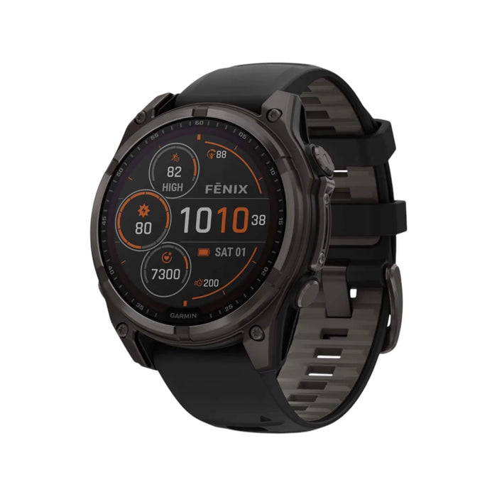 Fēnix® 8 Sapphire Solar, Carbon Gray DLC Titanium, Black Band, 47mm, GPS smart watch, solar charging, at TaMiMi Projects, Qatar.