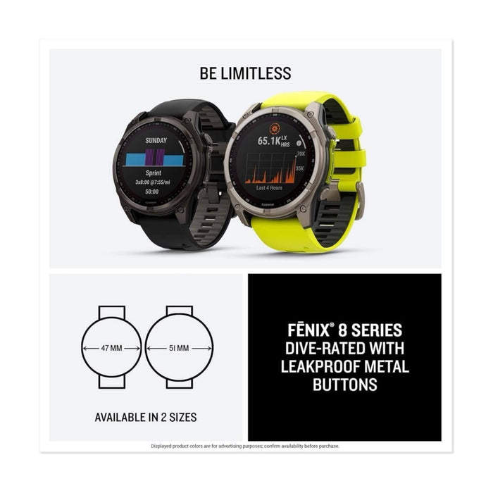 Fēnix® 8 Sapphire Solar, Carbon Gray DLC Titanium, Black Band, 47mm, GPS smart watch, solar charging, at TaMiMi Projects, Qatar.