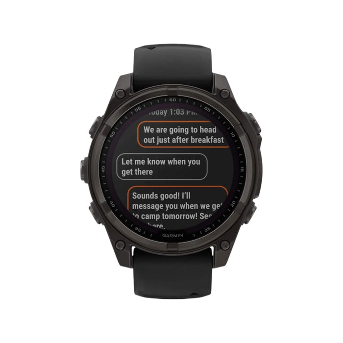 Fēnix® 8 Sapphire Solar, Carbon Gray DLC Titanium, Black Band, 51mm, GPS smart watch, solar charging, at TaMiMi Projects in Qatar.