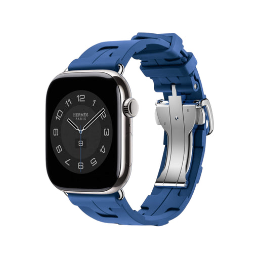 ‏Sporty Hermès band from TaMiMi Projects Qatar. Soft, waterproof rubber with H motif and buckle. Fits Apple Watch 44/45/46/49 mm.