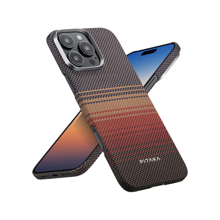 Stylish PITAKA aramid fiber case for iPhone 15 Pro - Sunset, available at TaMiMi Projects in Qatar.