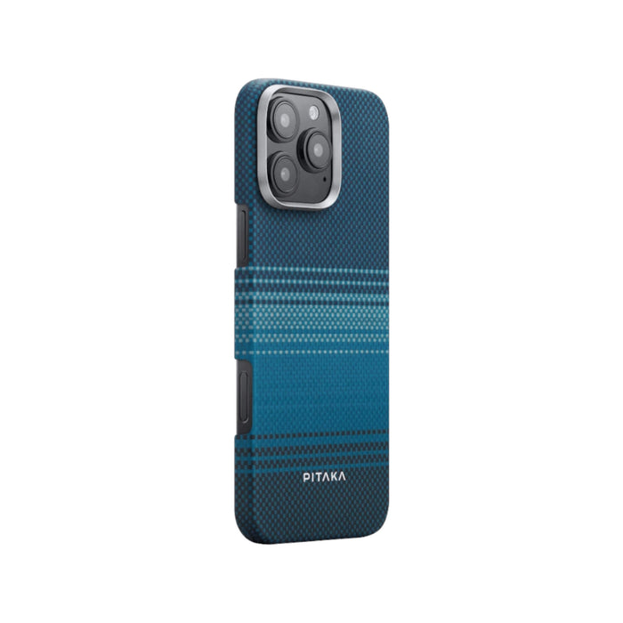 Pitaka iPhone 16 Pro case in Moonrise design, made from aramid fiber for lightweight and durable protection. Available at TaMiMi Projects Qatar.