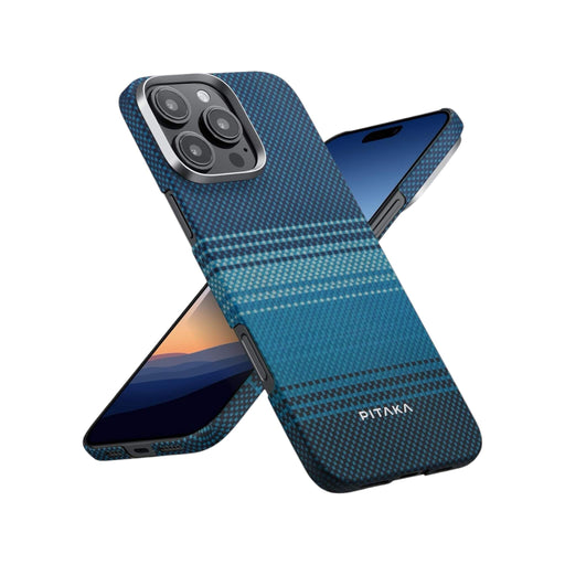 Pitaka iPhone 16 Pro case in Moonrise design, made from aramid fiber for lightweight and durable protection. Available at TaMiMi Projects Qatar.