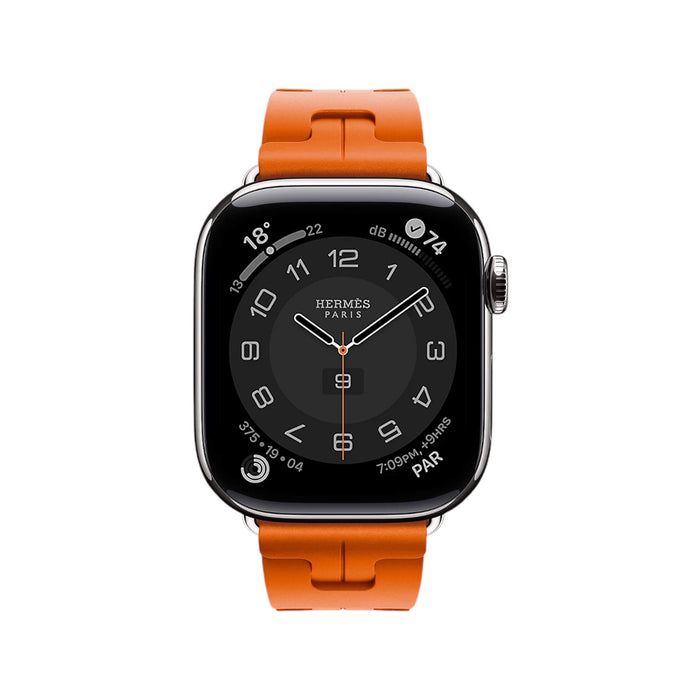 ‏Sporty Hermès band from TaMiMi Projects Qatar. Soft, waterproof rubber with H motif and buckle. Fits Apple Watch 38/40/41/42 mm.