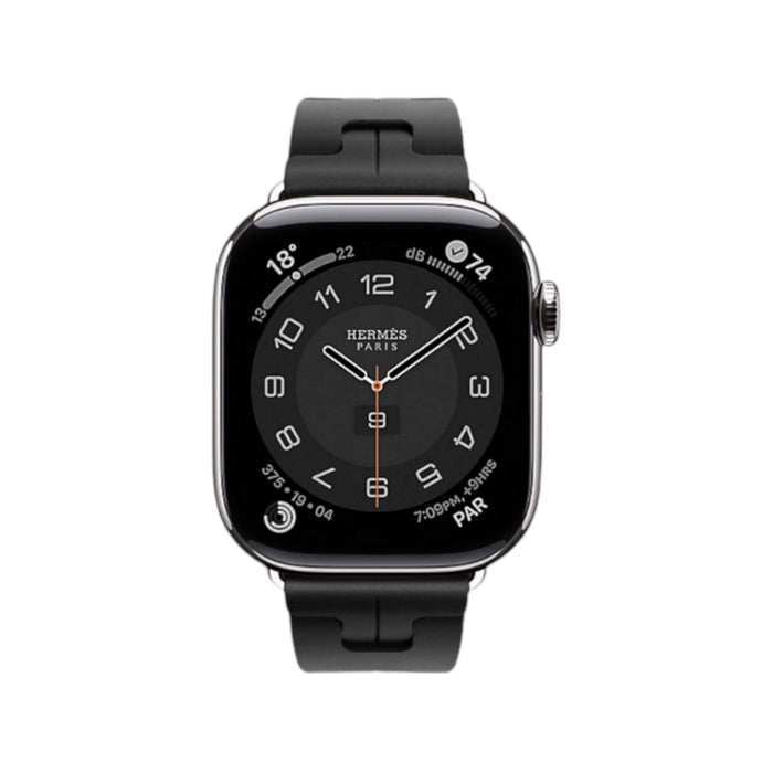 ‏Sporty Hermès band from TaMiMi Projects Qatar. Soft, waterproof rubber with H motif and buckle. Fits Apple Watch 38/40/41/42 mm.