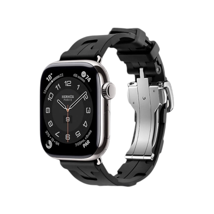 ‏Sporty Hermès band from TaMiMi Projects Qatar. Soft, waterproof rubber with H motif and buckle. Fits Apple Watch 38/40/41/42 mm.