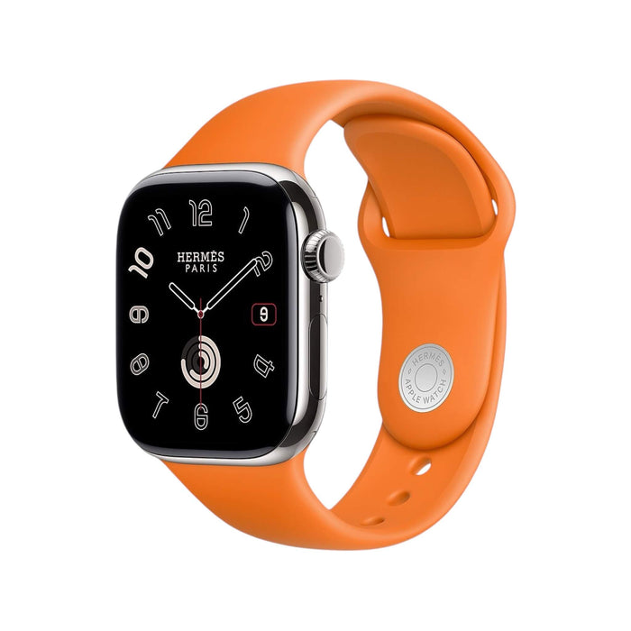 Apple Watch Hermès S10, 42mm silver titanium with Noir/Gold Twill Jump Attelage Single Tour, luxury and precision in Qatar from TaMiMi Projects.