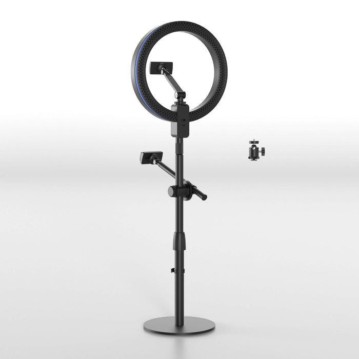 Front view of an adjustable black ring light stand with dual holders for phone and camera.
