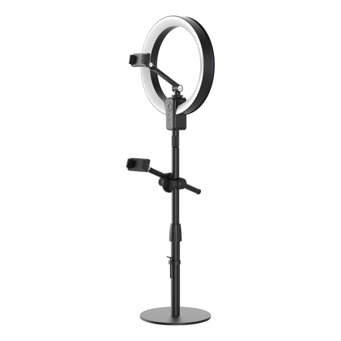 Phone securely mounted on a black ring light stand with an adjustable holder.