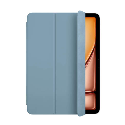 Denim-colored Apple Smart Folio case for iPad Air 11-inch (M4), partially open to reveal the screen and the soft interior lining that protects the display.